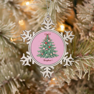 Weihnachtsbaum Preppy Coquette mit Schleifen und N Schneeflocken Zinn-Ornament