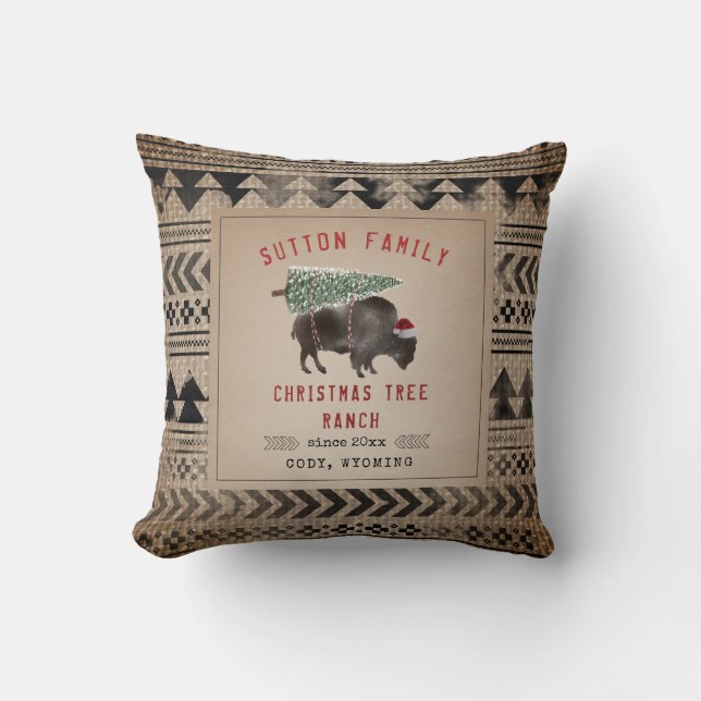 Weihnachtsbaum Ranch Santa Bison Buffalo Burlap Kissen (Vorderseite)
