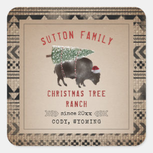 Weihnachtsbaum Ranch Santa Bison Burlap Quadratischer Aufkleber
