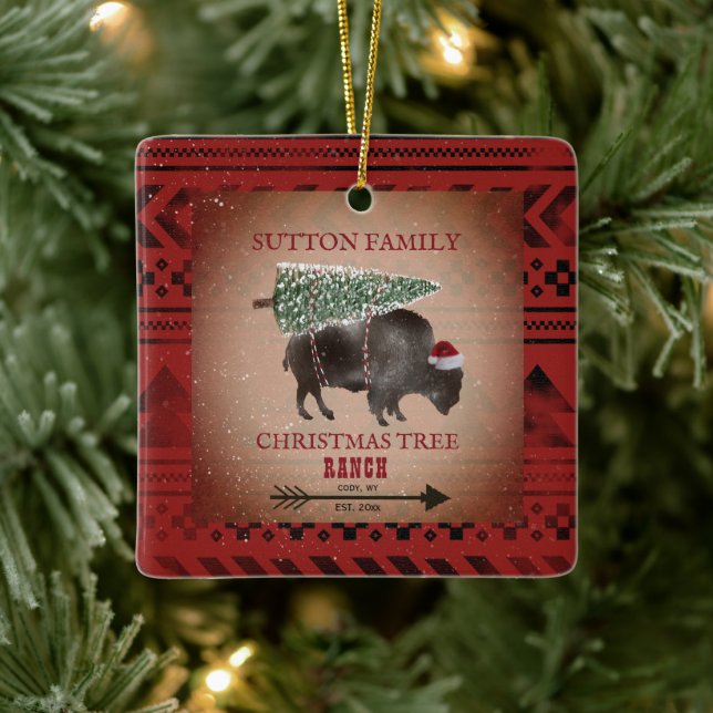 Weihnachtsbaum Ranch Santa Bison Geometric Keramikornament (Baum)