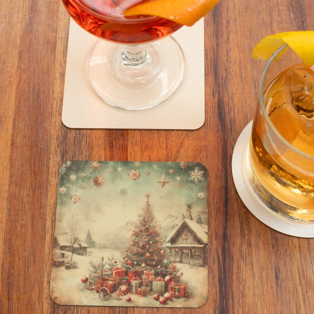 Weihnachtsbaum Rechteckiger Pappuntersetzer (Vintage Christmas tree Square Paper Coaster)