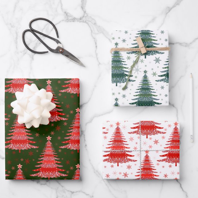 Weihnachtsbaum Red Green Muster Design Geschenkpapier Set (Vorderseite)
