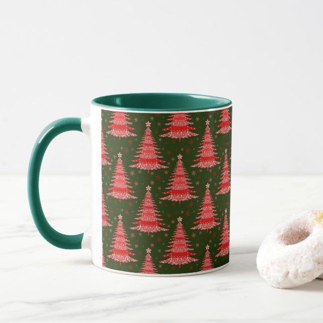 Weihnachtsbaum Red Green Muster Design Tasse (Mit Donut)