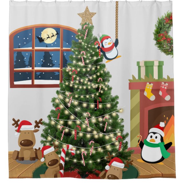 Weihnachtsbaum Rentier Penguin Candy Cane Duschvorhang (Vorderseite)