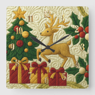 Weihnachtsbaum Rentiergeschenke gequiltet aussehen Quadratische Wanduhr