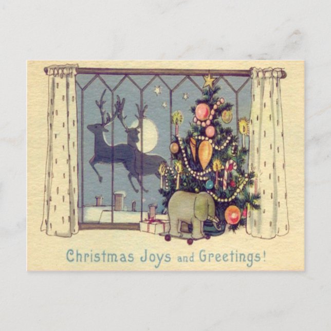 Weihnachtsbaum Rentierspielzeug Vollmond Feiertagspostkarte (Vorderseite)