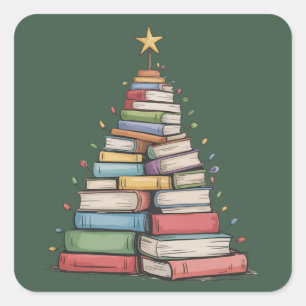 Weihnachtsbaum Retro Bücherwurm Bibliothek  Quadratischer Aufkleber