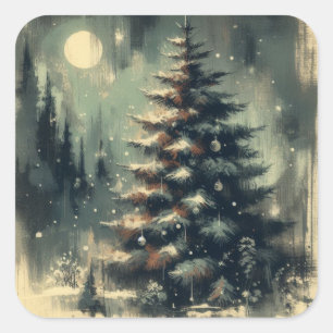 Weihnachtsbaum Retro Illustration Quadratischer Aufkleber