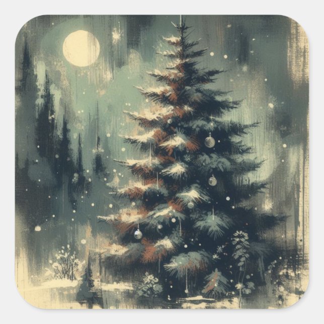 Weihnachtsbaum Retro Illustration Quadratischer Aufkleber (Vorderseite)