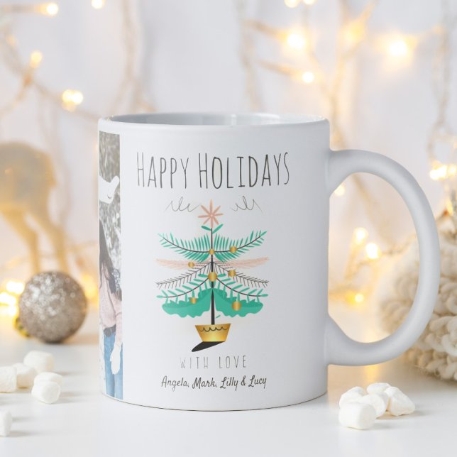 Weihnachtsbaum Retro Pastel Happy Holiday Foto Kaffeetasse (Cute retro teal pink Christmas tree with Happy Holiday message at the top with who it is from.)