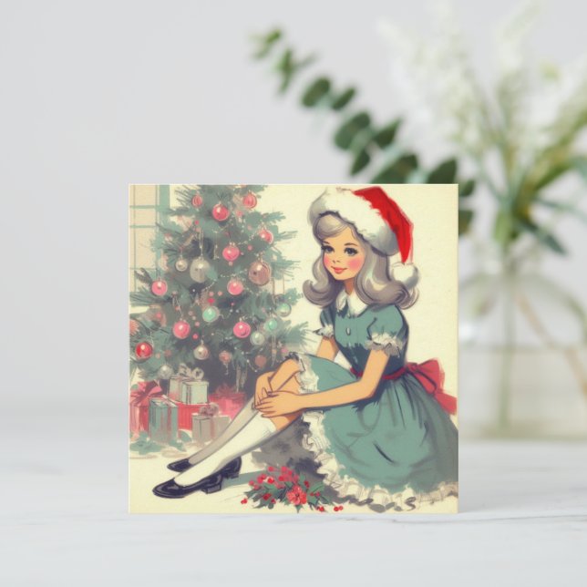 Weihnachtsbaum Retro Vintage Illustration Kitsch Feiertagskarte (Stehend Vorderseite)