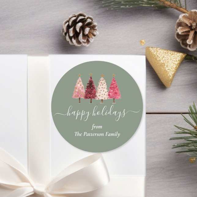 Weihnachtsbaum Rosa Grüne Angewohnheit Runder Aufkleber (Christmas Tree Red Pink Green Custom Classic Round Sticker)