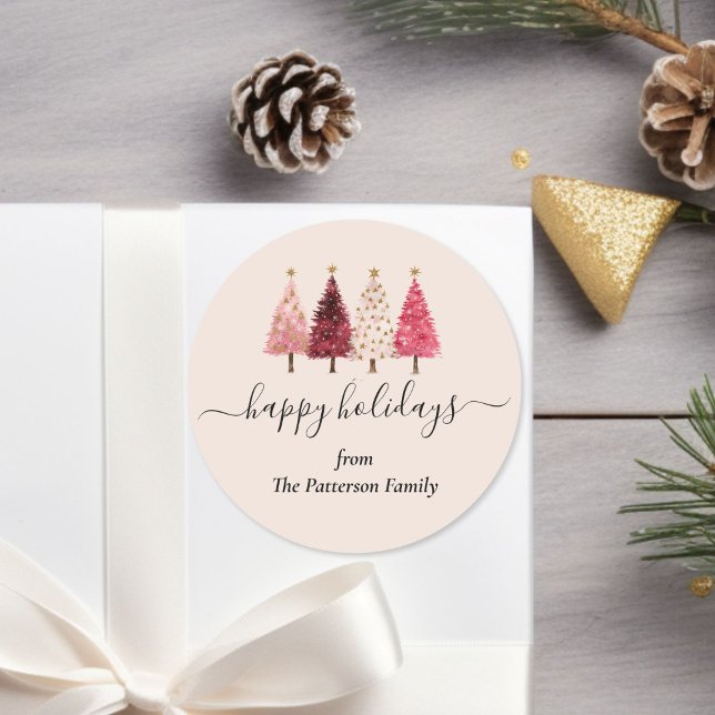 Weihnachtsbaum Rosa Rosa Blush Beige Custom Runder Aufkleber (Christmas Tree Red Pink Blush Beige Custom Classic Round Sticker)