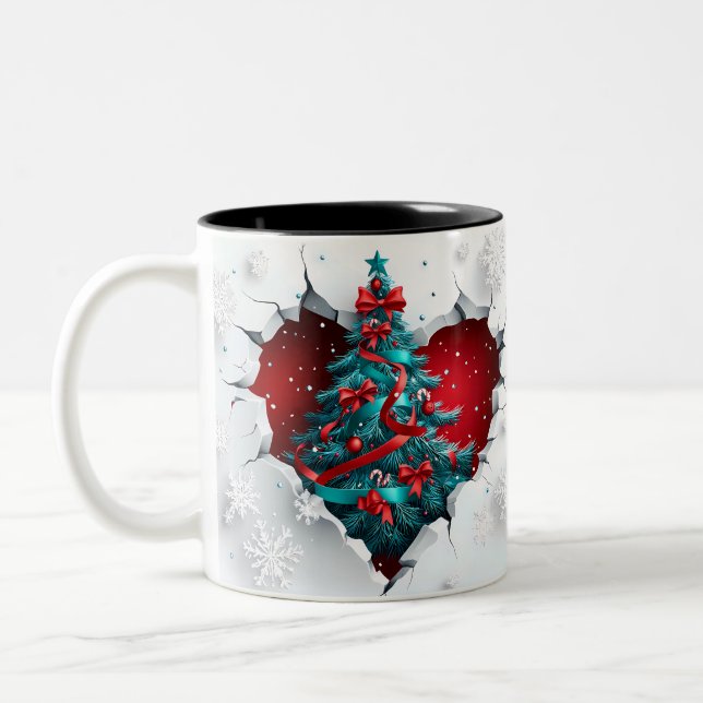 Weihnachtsbaum, rot/Aquamarin - weißer Griff Zweifarbige Tasse (Links)