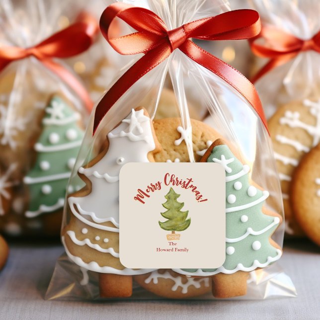 Weihnachtsbaum Rot Grün Traditioneller Rahmen Quadratischer Aufkleber (Von Creator hochgeladen)