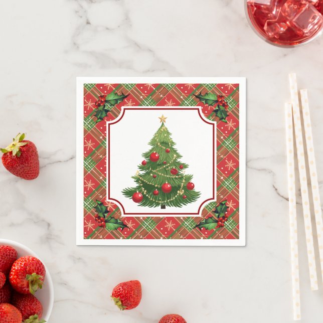 Weihnachtsbaum Rot kariert mit Stechpalme Serviette (Beispiel)