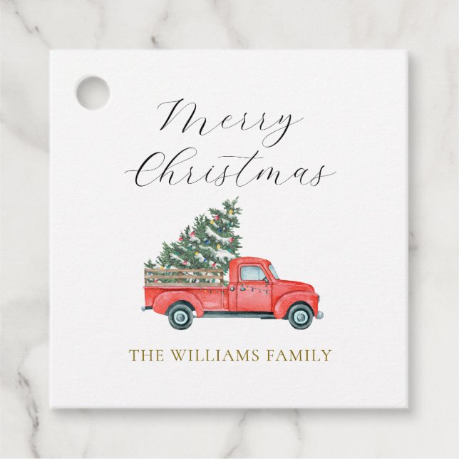Weihnachtsbaum & Roter LKW Niedlich Merry X'mas Geschenkanhänger (Vorderseite)