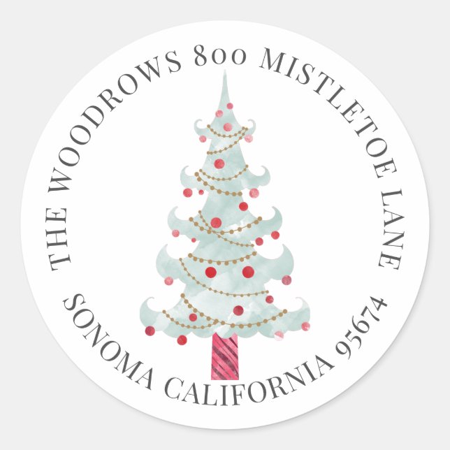 Weihnachtsbaum-Rücksendeadresse Runder Aufkleber (Vorderseite)