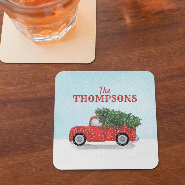 Weihnachtsbaum Rustikaler LKW Personalisiert Vinta Getränkeuntersetzer (Christmas classic rustic red truck holiday paper party coaster. )