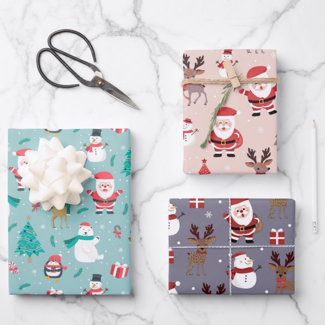 Weihnachtsbaum Santa Claus Reindeer Snowman Blue Geschenkpapier Set (Vorderseite)