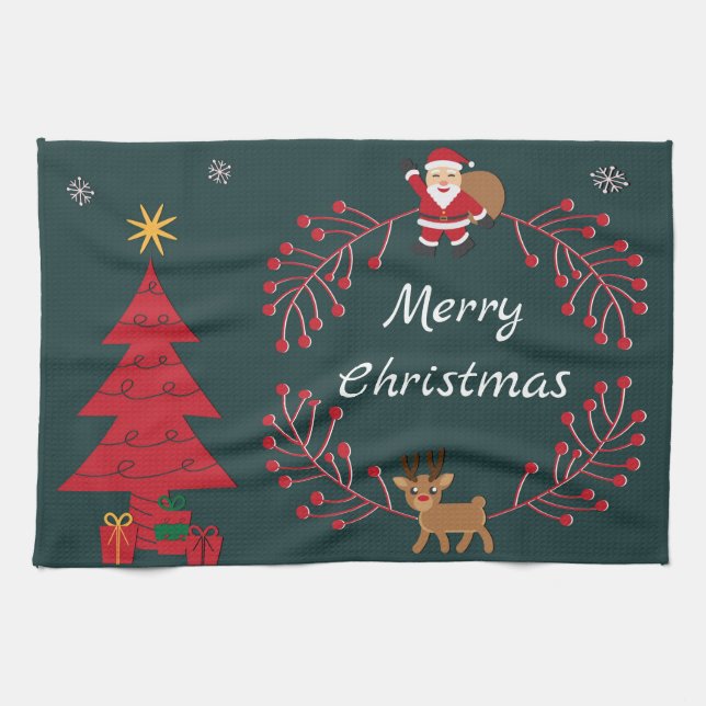 Weihnachtsbaum, Santa und Rudolph Geschirrtuch (Horizontal)