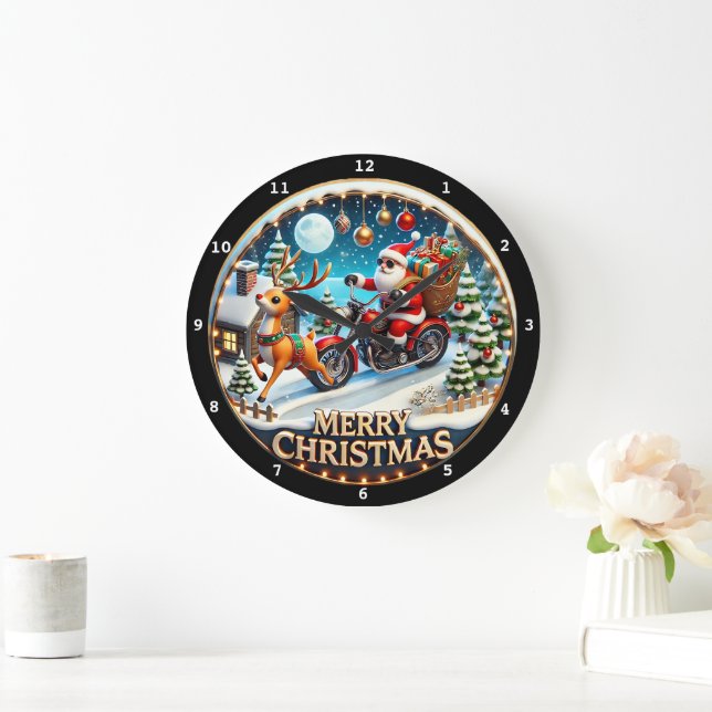 Weihnachtsbaum Santa's Motorrad Große Wanduhr (Zuhause)