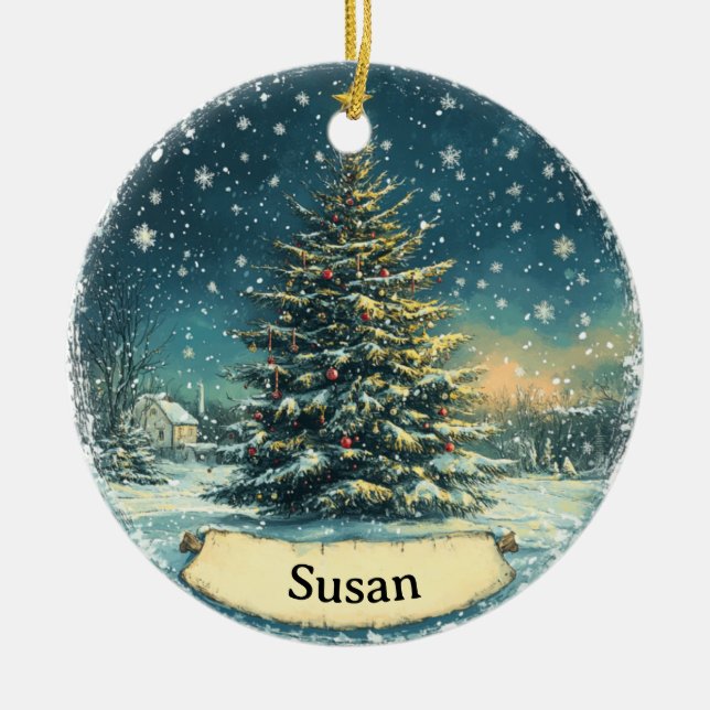 Weihnachtsbaum-Schnee-Ornament im Vintage-Stil Keramik Ornament (Vorne)