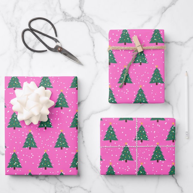 Weihnachtsbaum, Schneefall auf Rosa Geschenkpapier Set (Vorderseite)