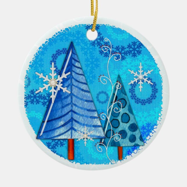 Weihnachtsbaum & Schneeflocken Keramik Ornament (Vorne)