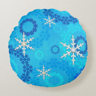 Weihnachtsbaum & Schneeflocken Rundes Kissen
