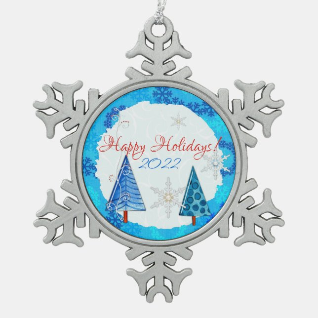 Weihnachtsbaum & Schneeflocken Schneeflocken Zinn-Ornament (Vorderseite)