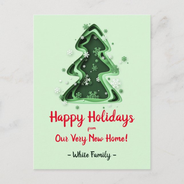 Weihnachtsbaum Schneeflocken Wir haben neue Zuhaus Postkarte (Vorderseite)