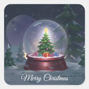 Weihnachtsbaum-Schneeglobe Quadratischer Aufkleber
