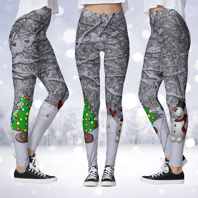 Weihnachtsbaum, Schneemann, Schneeszene Foto Leggi Leggings (Christmas Tree, Snowman, Snow Scene Photo Leggings)