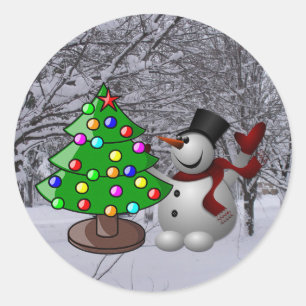 Weihnachtsbaum, Schneemann, Schneeszene Foto Stick Runder Aufkleber