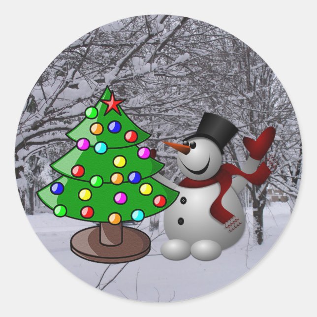 Weihnachtsbaum, Schneemann, Schneeszene Foto Stick Runder Aufkleber (Vorderseite)