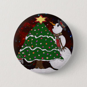 Weihnachtsbaum Schneemann Überraschung Kunst Druck Button