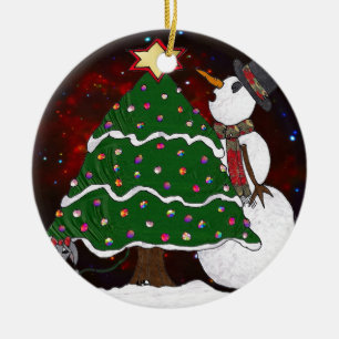 Weihnachtsbaum Schneemann Überraschung Kunst Druck Keramik Ornament