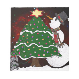 Weihnachtsbaum Schneemann Überraschung Kunst Druck Notizblock