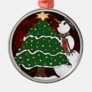 Weihnachtsbaum Schneemann Überraschung Kunst Druck Ornament Aus Metall