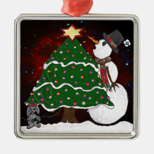 Weihnachtsbaum Schneemann Überraschung Kunst Druck Silbernes Ornament