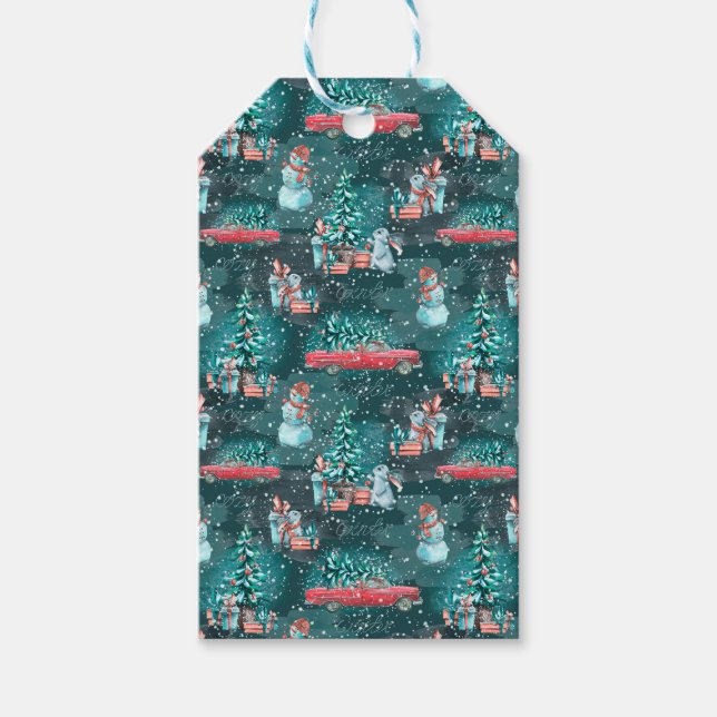 Weihnachtsbaum, Schneemänner und Bunnies Geschenkanhänger (Vorderseite)