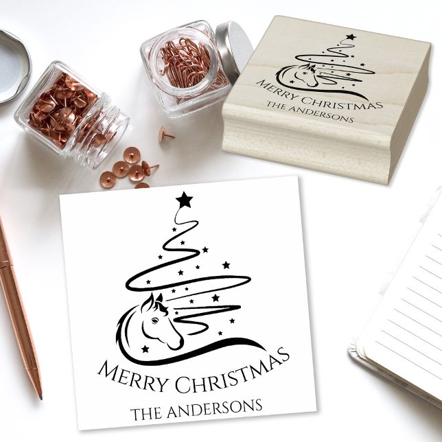 Weihnachtsbaum schwarz-weiß Reittiere Gummistempel (Elegant horse Chtristmas tree vector design, personalized rubber stamp.)
