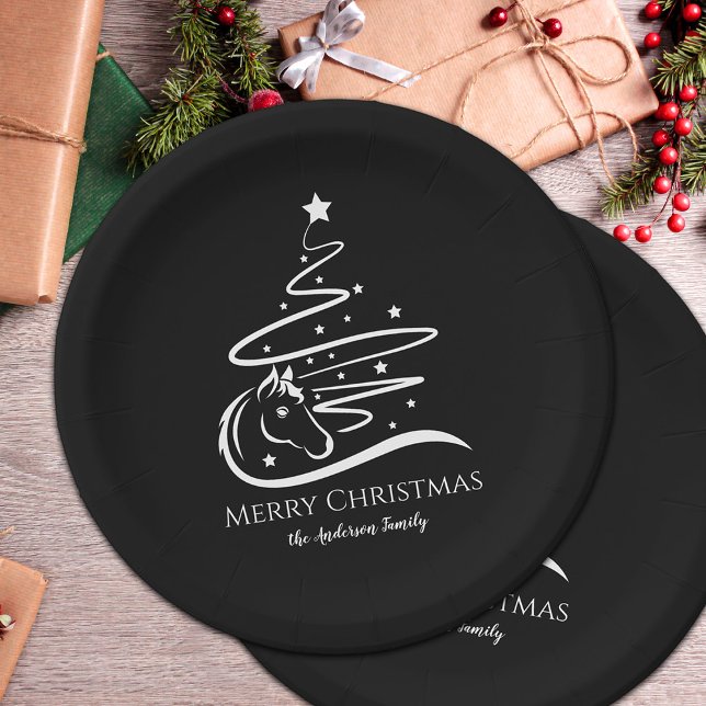 Weihnachtsbaum schwarz-weiß Reittiere Pappteller (Horse Christmas tree black and white personalized paper plates for horse lovers)