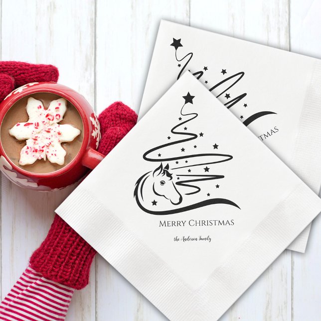 Weihnachtsbaum schwarzReittiere Serviette (Horse Christmas tree paper napkins with personalized text)
