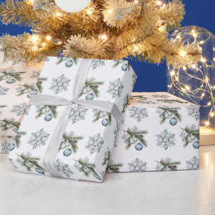 Weihnachtsbaum Silberne Schneeflocken Blaue Orname Geschenkpapier