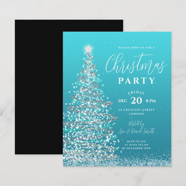 Weihnachtsbaum Silver Aquamarin Holiday Einladung (Vorne/Hinten)