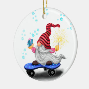 Weihnachtsbaum Skater Gnome mit Geschenken Keramik Ornament