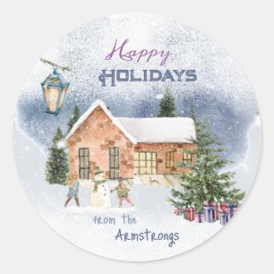 Weihnachtsbaum Snowman Children gibt Winterlandsch Runder Aufkleber