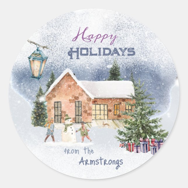 Weihnachtsbaum Snowman Children gibt Winterlandsch Runder Aufkleber (Vorderseite)